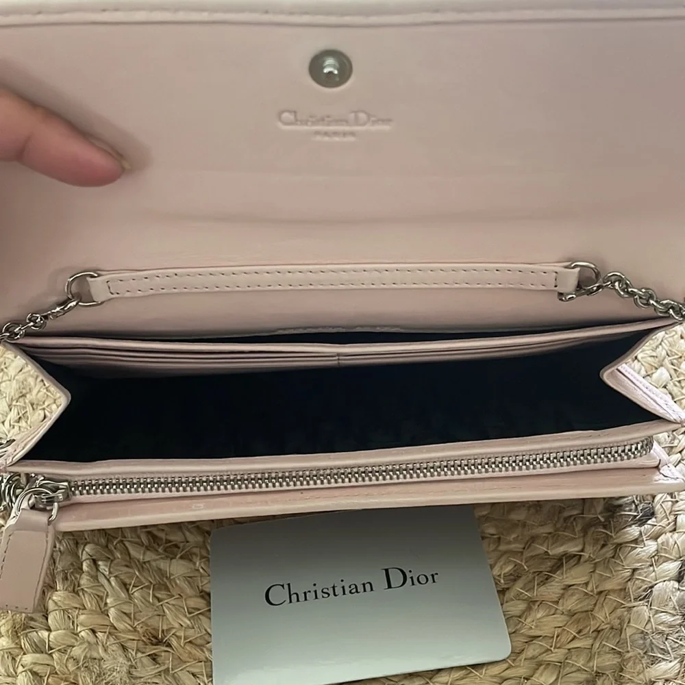 (MT150) Authentic Lady Dior Pink Cannage Quilt Lambskin Wallet on Chain